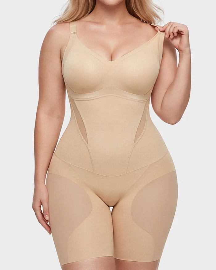 Women's Mesh Sculpting Bodysuit with V-Neck and Adjustable Straps
