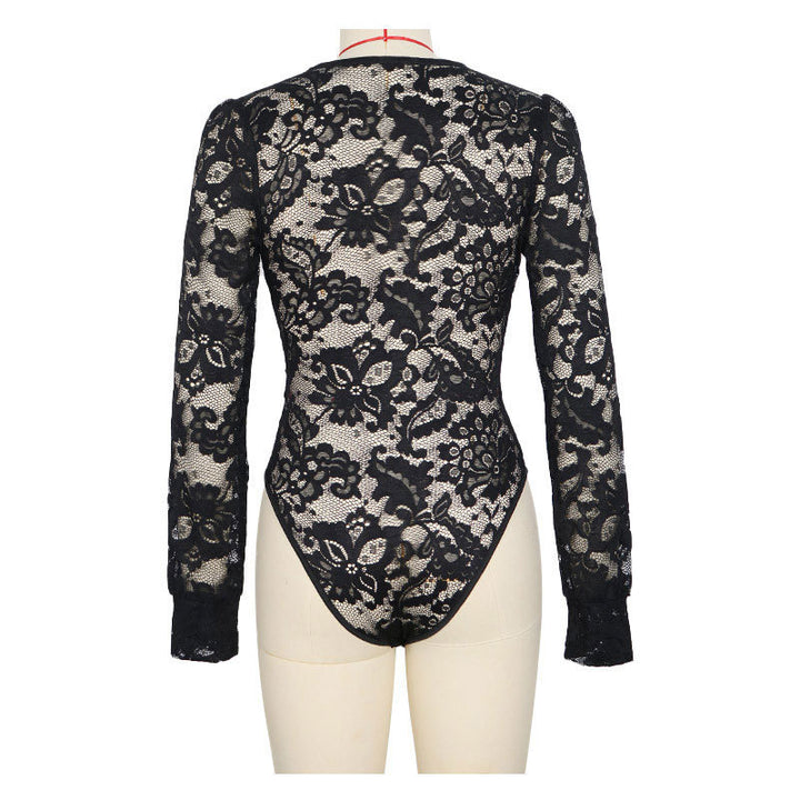 Black long-sleeve lace wrap bodysuit