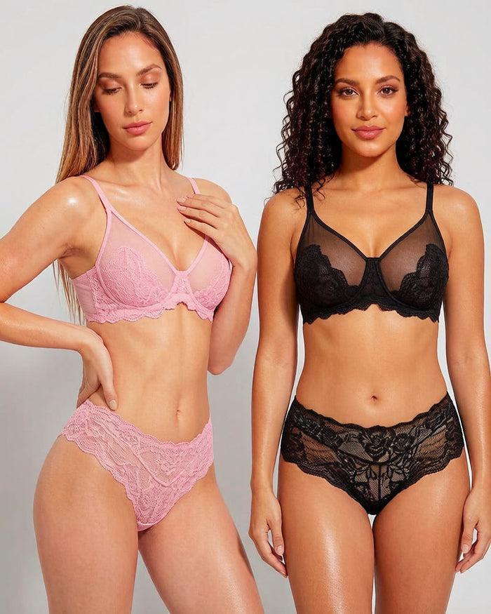 Women's Lace Bra and Knicker Set with Mesh Detail