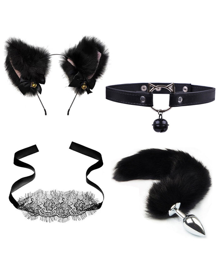 Women's Cat Ear Headband Collar Tail Costume Accessory Set