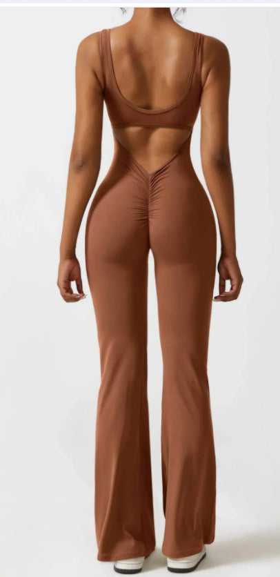 Flared yoga jumpsuit with open back