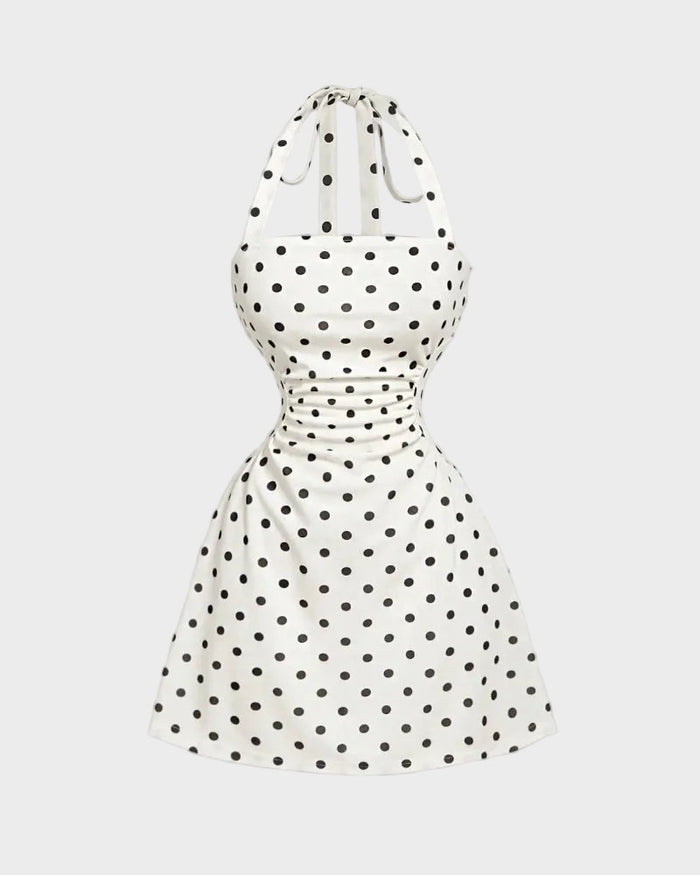Women's Polka Dot Halter Mini Dress Ruched Tie-Back