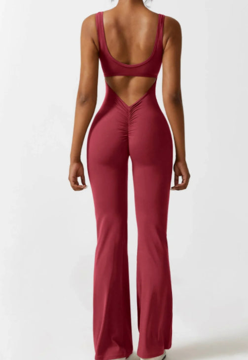 Flared yoga jumpsuit with open back