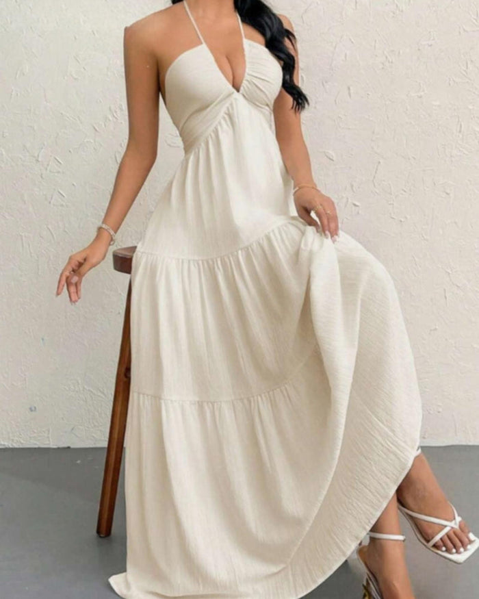 Women's Halter Neck Tiered Maxi Dress Backless