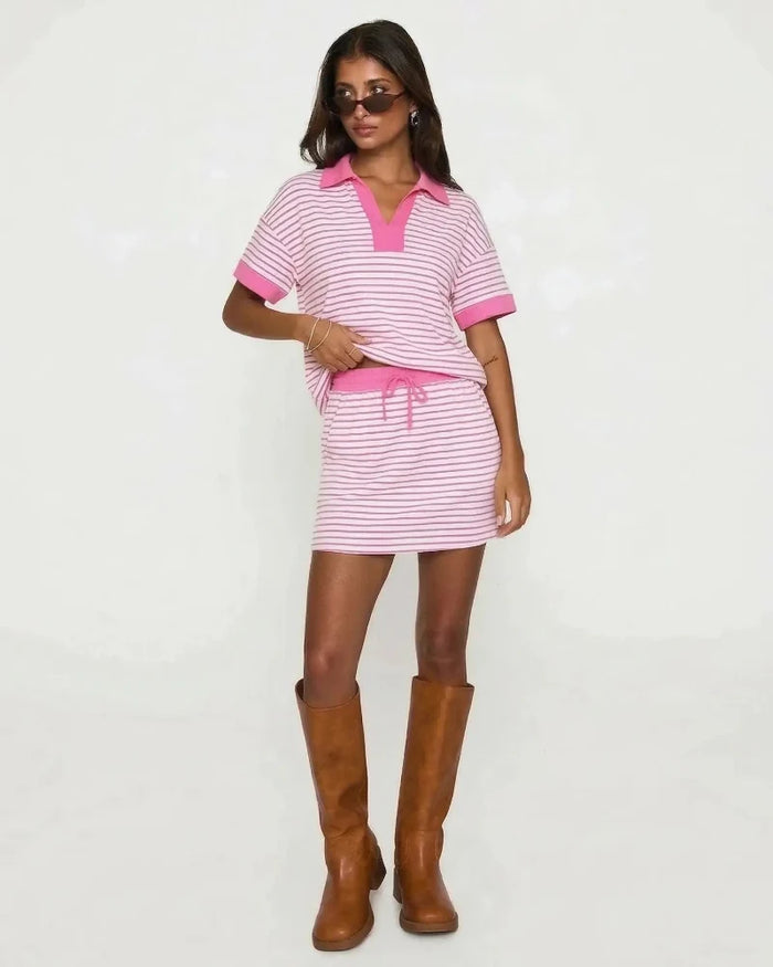 Women's Striped Polo Skort Set with V-Neck and Shorts