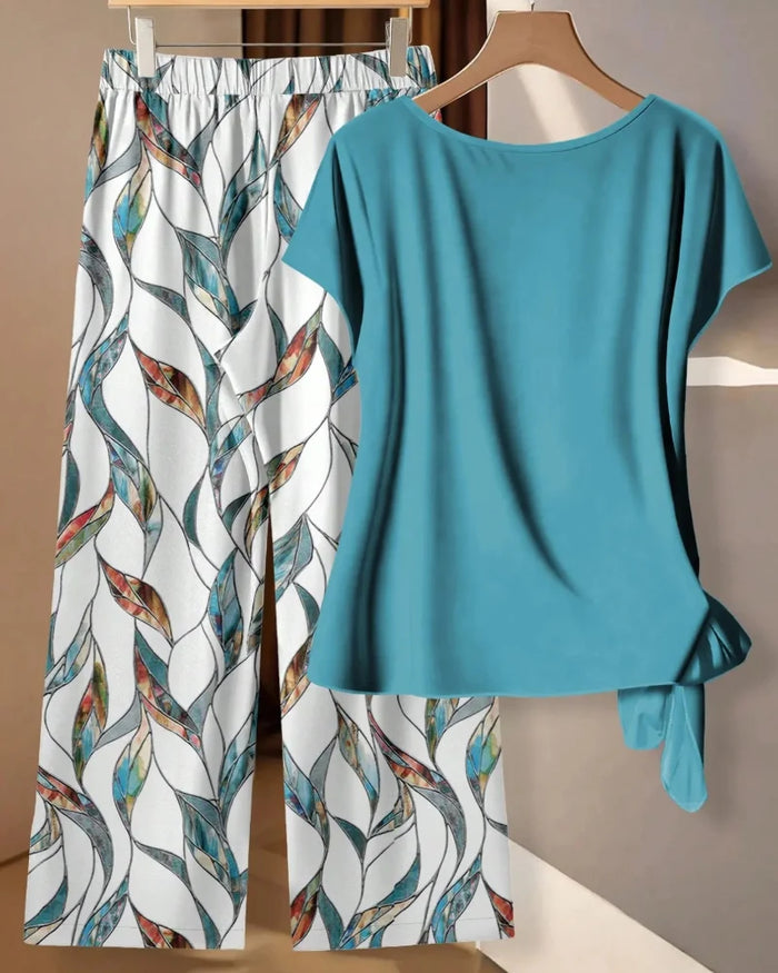 Women's Short-Sleeve Top & Printed Wide-Leg Trousers Set