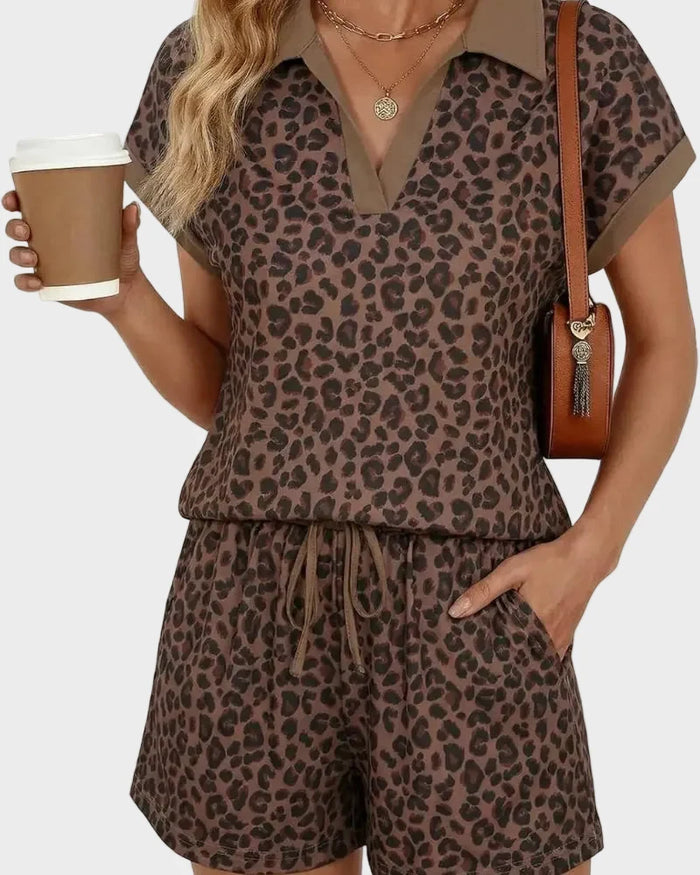 Women's Leopard Print Two Piece Set Cap Sleeve Top Shorts