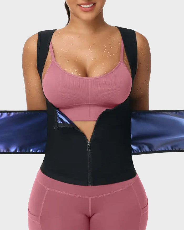 Women's Zip-Up Sauna Waist Trainer Vest with Adjustable Wrap