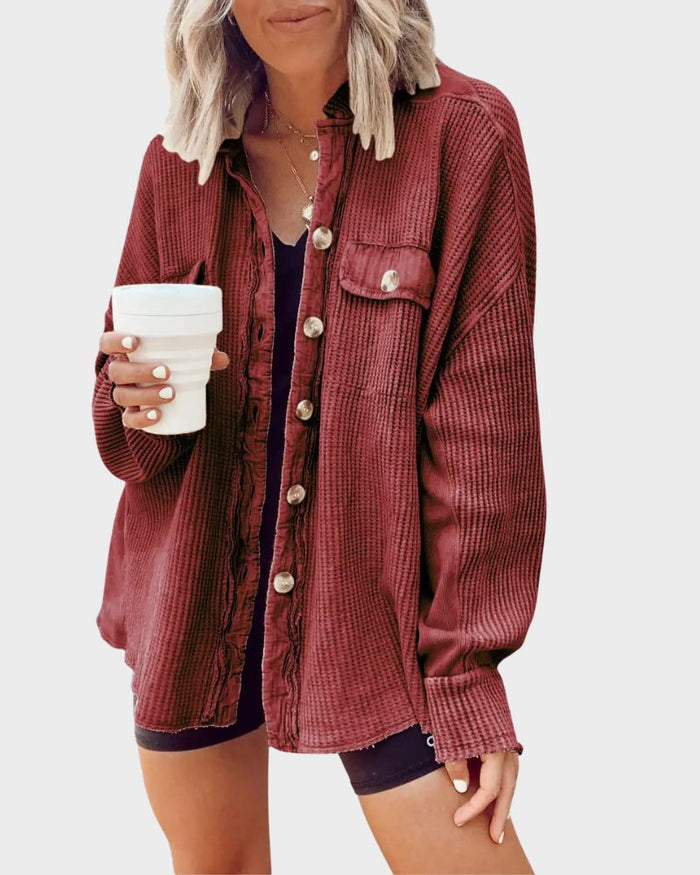 Women's Oversized Waffle-Knit Button-Down Shirt Jacket