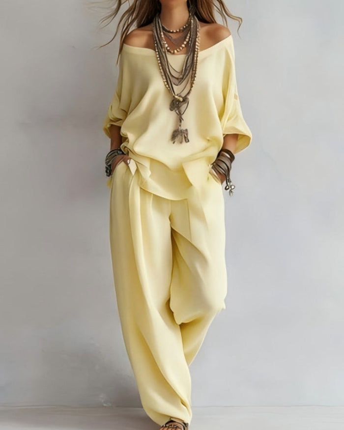 Women's Off-Shoulder Top & Wide-Leg Trousers Two-Piece Set