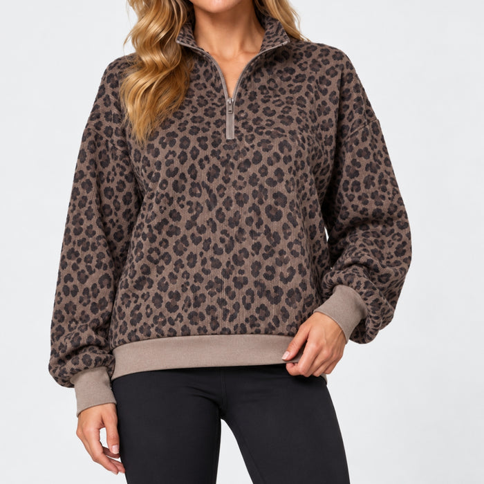 Women's Leopard Print Half-Zip Pullover with Drop Shoulders