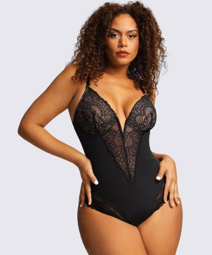 Women's Lace Detail Shaping Bodysuit with Plunge Neckline