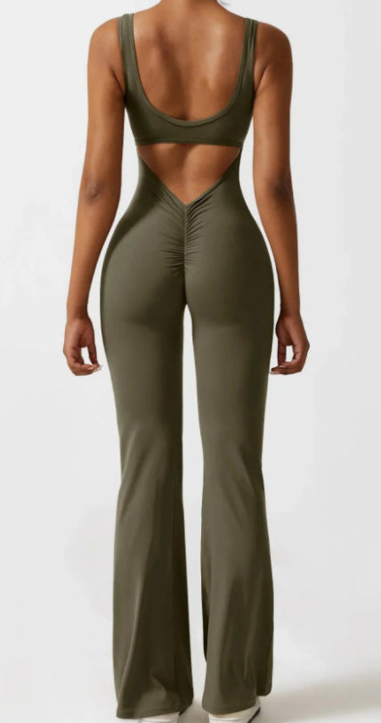 Flared yoga jumpsuit with open back