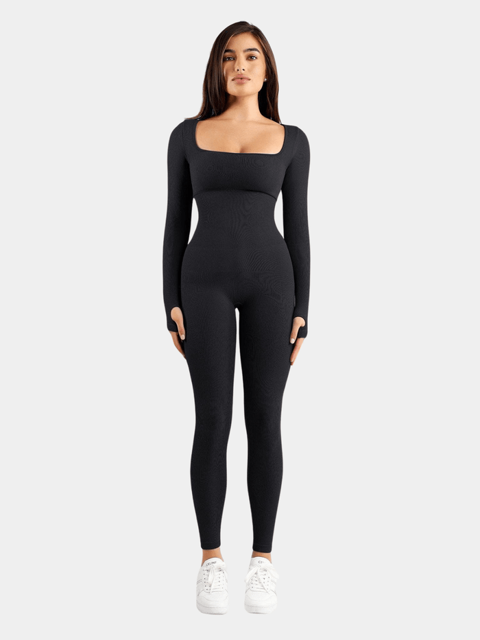Women's Ribbed Long Sleeve Bodysuit with Square Neck