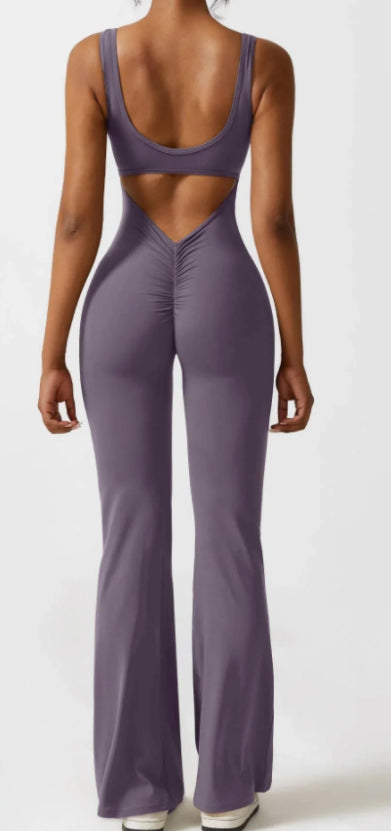 Flared yoga jumpsuit with open back