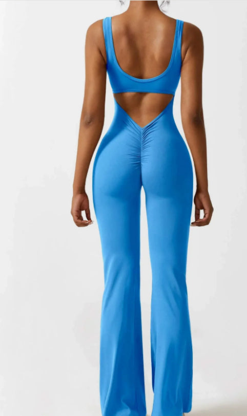 Flared yoga jumpsuit with open back