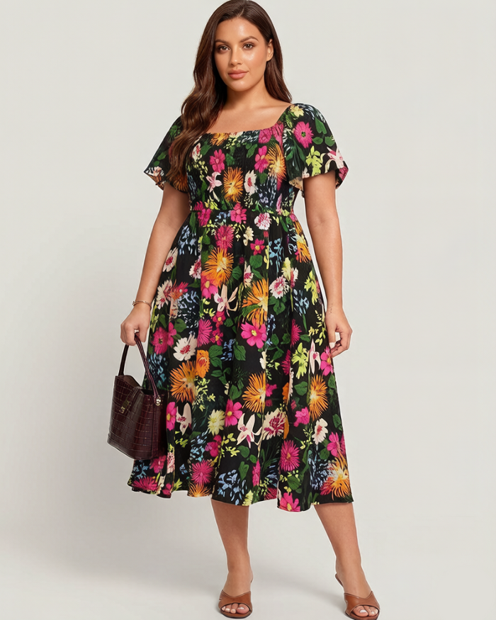 Women's Floral Square Neck Midi Dress with Ruffle Sleeves