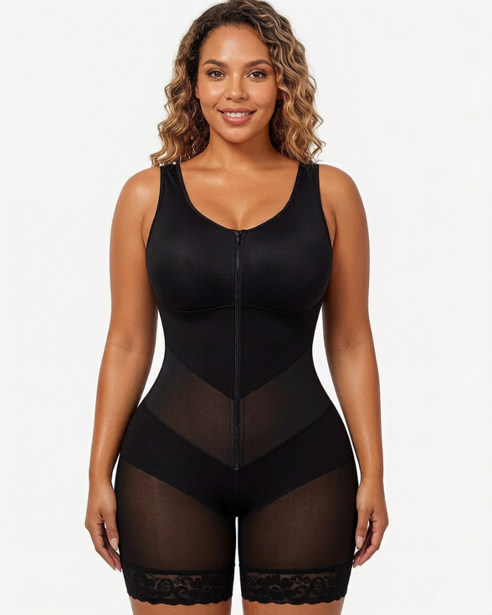 Women's Front-Zip Bodysuit with Tummy Control and Sheer Panels