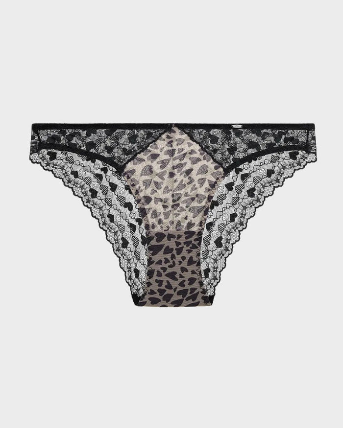 Women's Leopard Heart Lace Briefs with Sheer Mesh