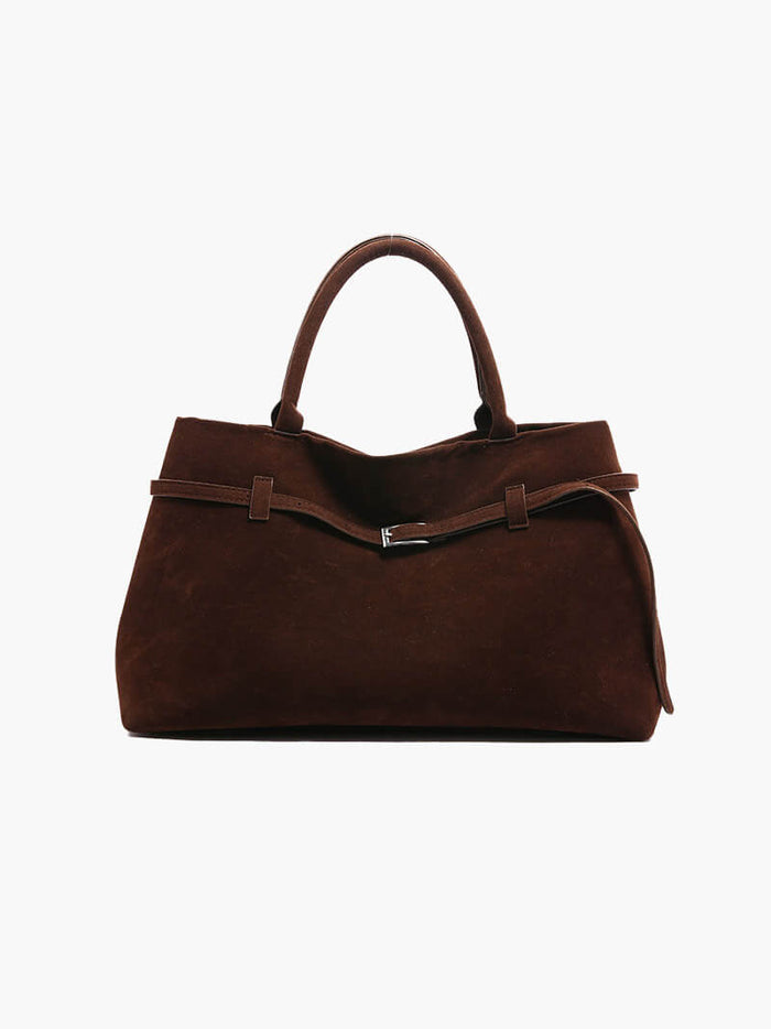 Suede Tote Bag with Top Handles and Belt Detail