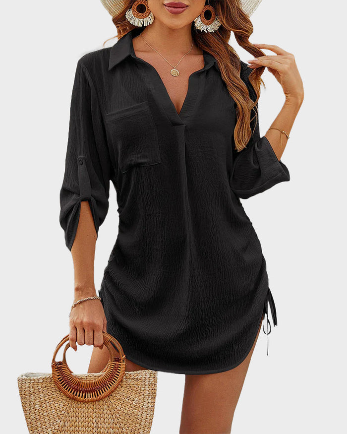Women's Collared Beach Shirt Dress with Roll-Tab Sleeves